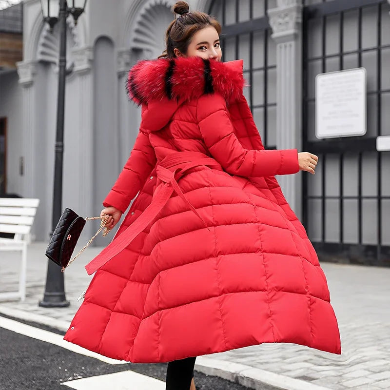 Bow Belt Fox Fur Collar Winter Coat