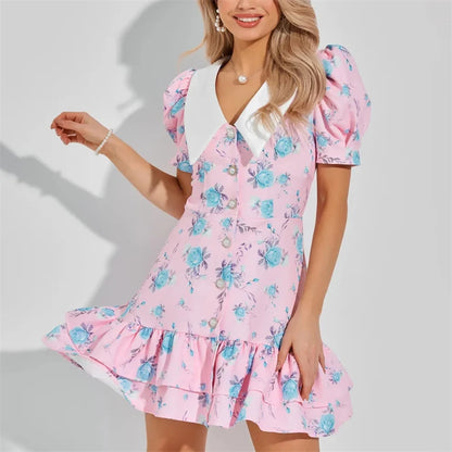 Sylue Short Dress Puff Sleeves V-Neck Ruffled Mini