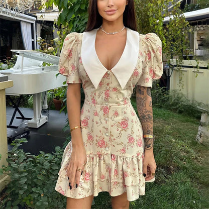 Sylue Short Dress Puff Sleeves V-Neck Ruffled Mini