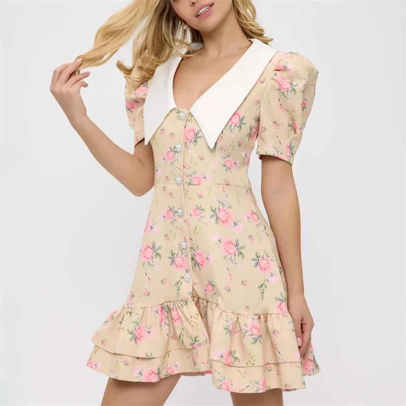 Sylue Short Dress Puff Sleeves V-Neck Ruffled Mini