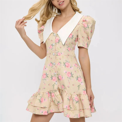 Sylue Short Dress Puff Sleeves V-Neck Ruffled Mini