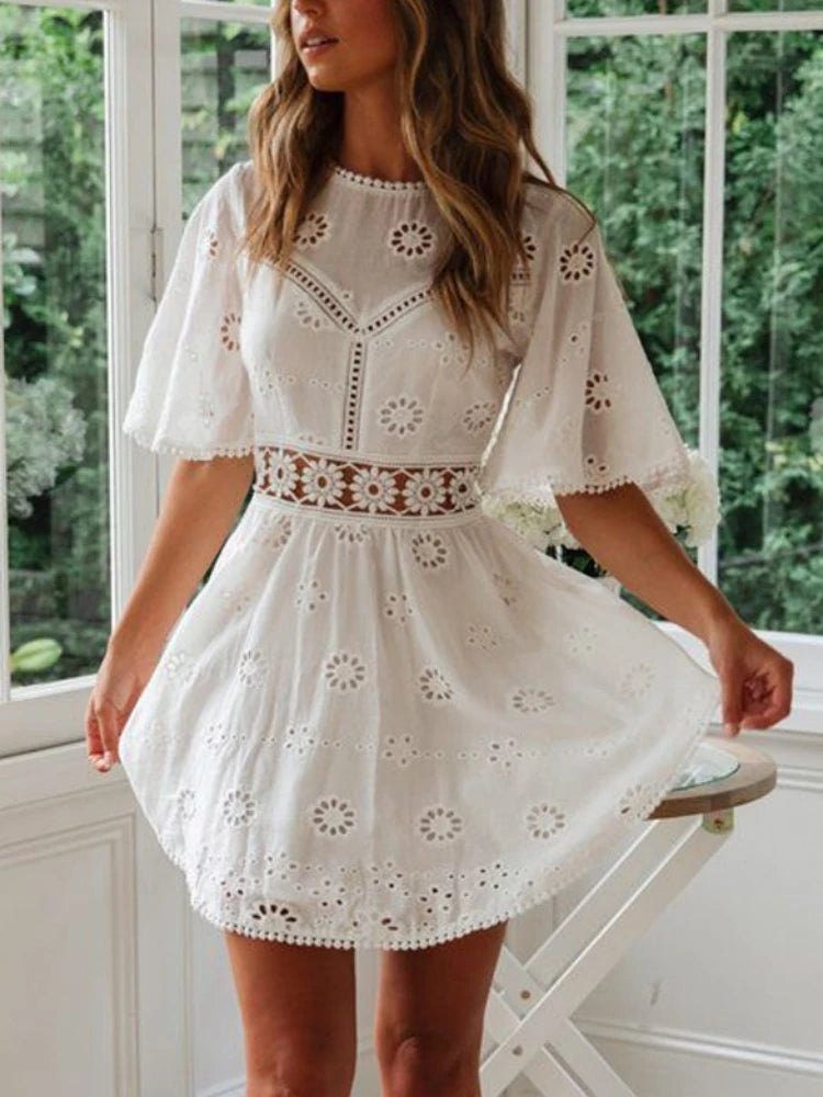 Sylue Short Dress White Backless Floral Embroidery Cotton