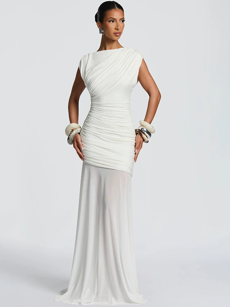 Sylue Long Dress Patchwork Ruched Mesh See-Through