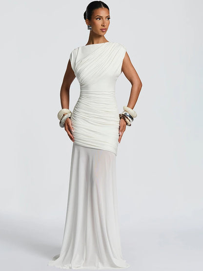 Sylue Long Dress Patchwork Ruched Mesh See-Through