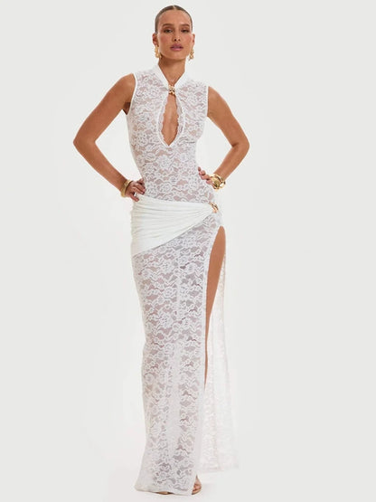 Sylue Long Dress Sexy Lace Hollow Out High Slit