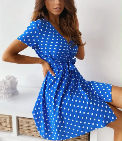 Sylue Short Dress Summer Polka Dot V-Neck Belt