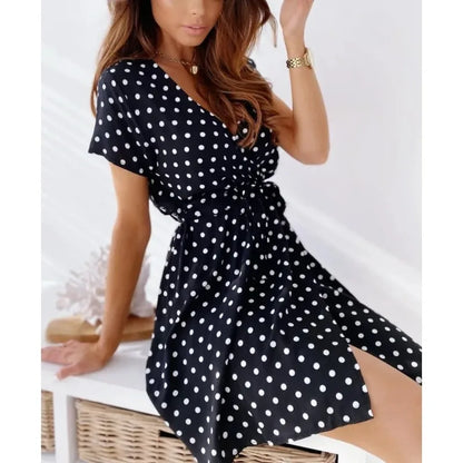 Sylue Short Dress Summer Polka Dot V-Neck Belt