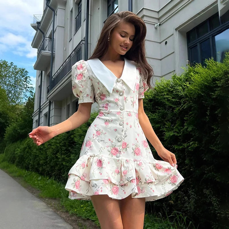 Sylue Short Dress Puff Sleeves V-Neck Ruffled Mini