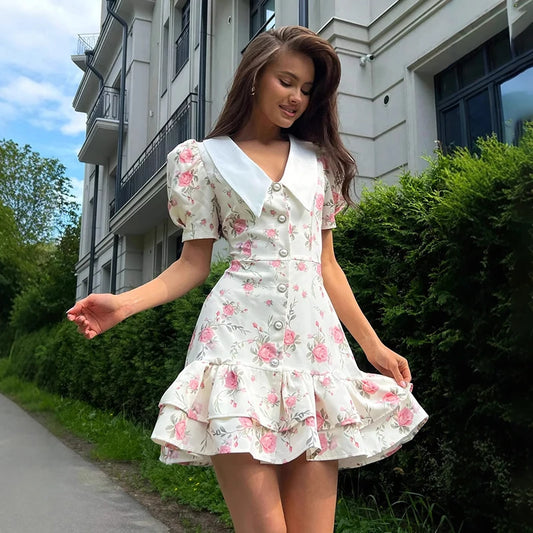 Sylue Short Dress Puff Sleeves V-Neck Ruffled Mini