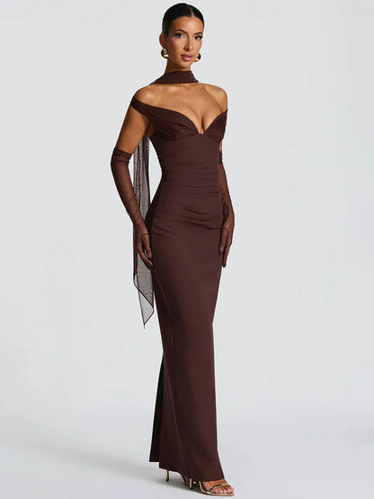 Sylue Long Dress Off-Shoulder Scarf Collar Backless