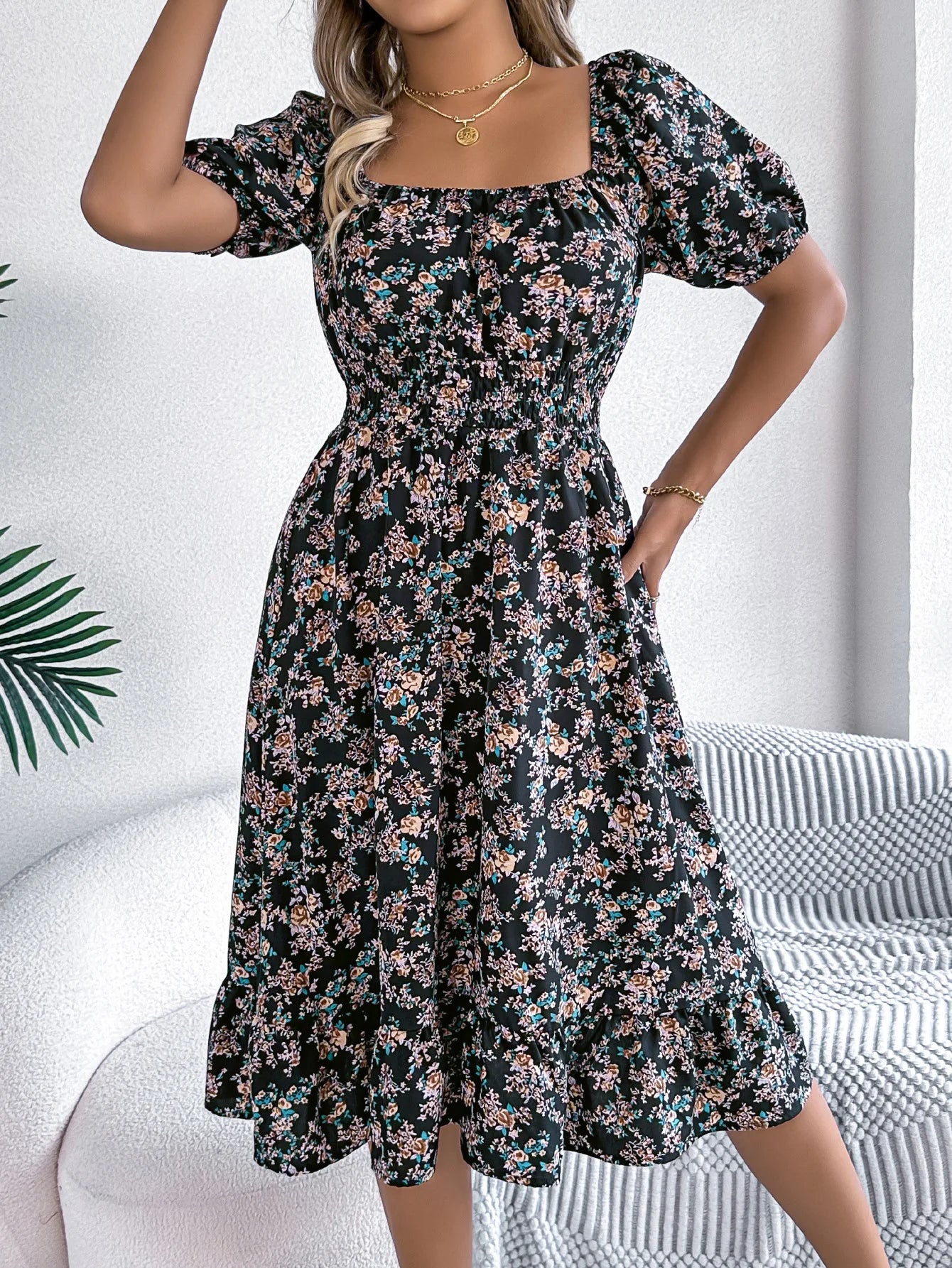 Sylue Short Dress Floral 3D Print Square Neck