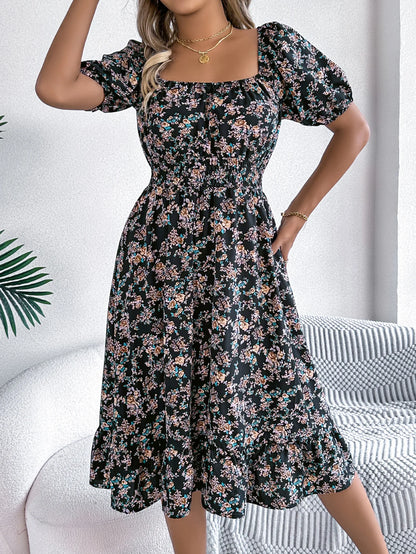 Sylue Short Dress Floral 3D Print Square Neck