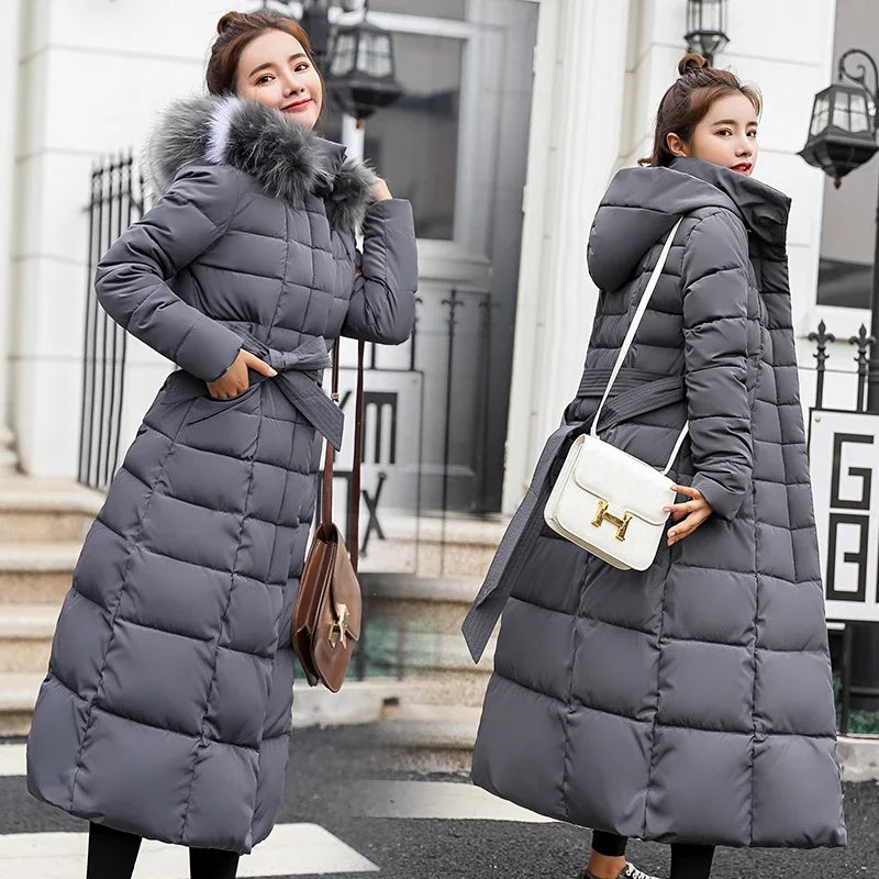 Bow Belt Fox Fur Collar Winter Coat