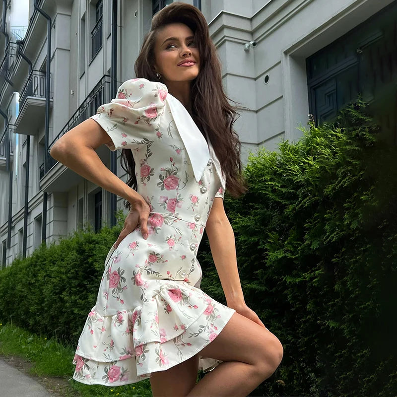 Sylue Short Dress Puff Sleeves V-Neck Ruffled Mini