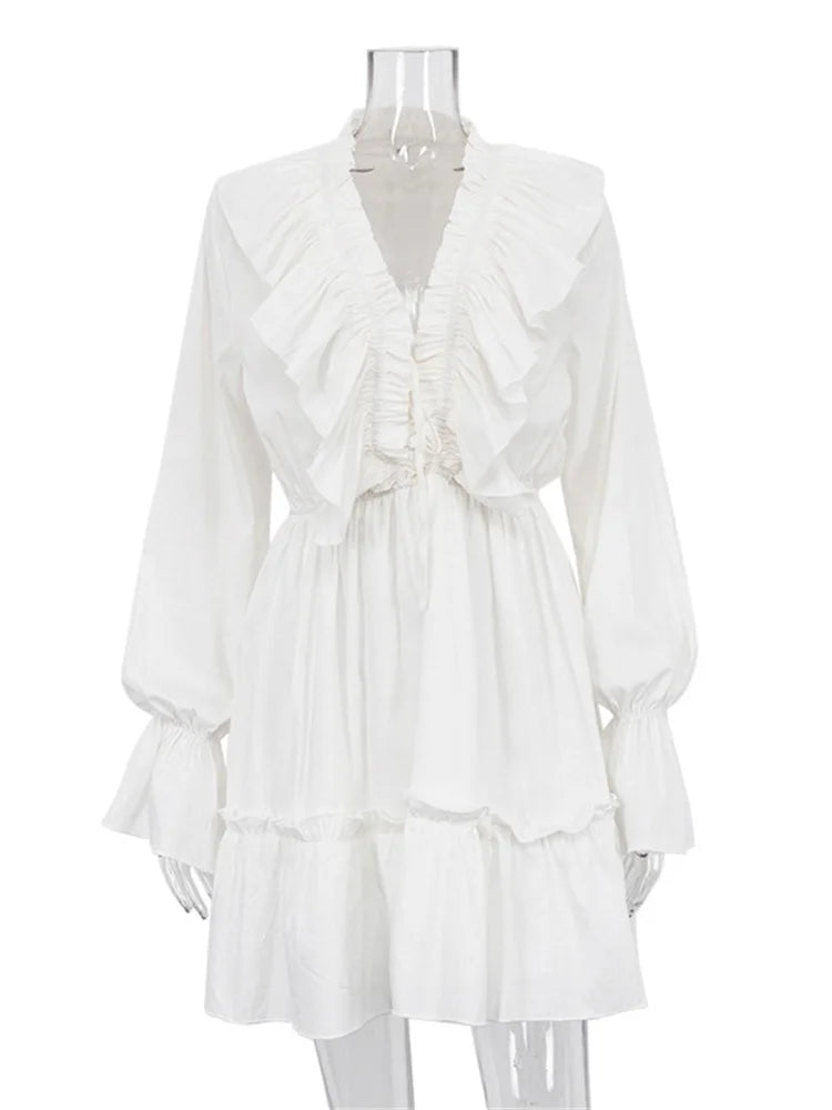 Sylue Long Dress Ruffled V-Neck White Elegant Lace-Up