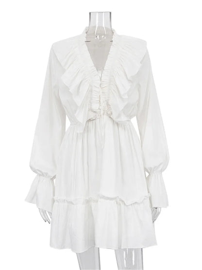 Sylue Long Dress Ruffled V-Neck White Elegant Lace-Up