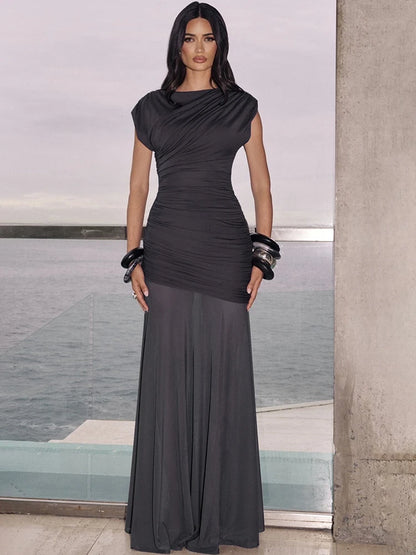 Sylue Long Dress Patchwork Ruched Mesh See-Through