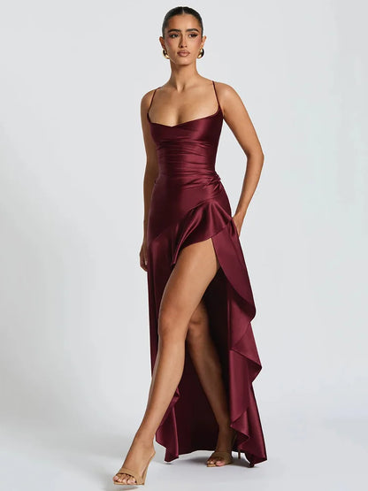 Sylue Long Dress Satin Spaghetti Strap Split Backless