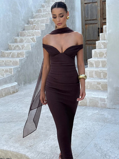 Sylue Long Dress Off-Shoulder Scarf Collar Backless