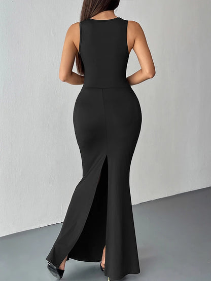 Sylue Long Dress Black Hollow Out Split Maxi