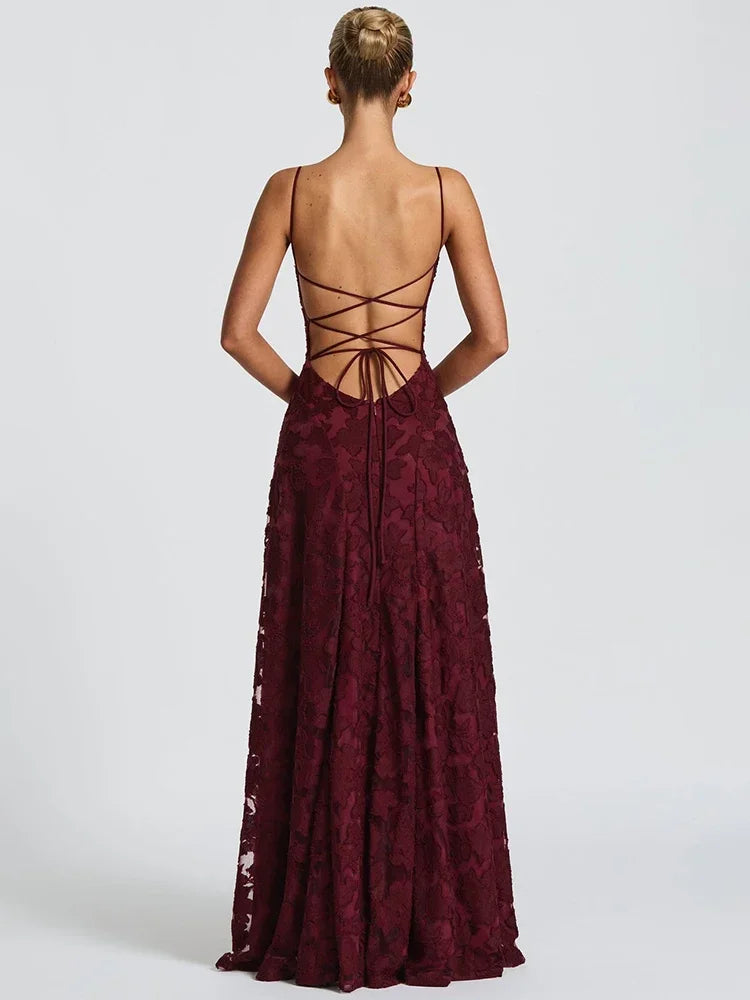 Sylue Long Dress Spaghetti Strap Backless Lace-Up
