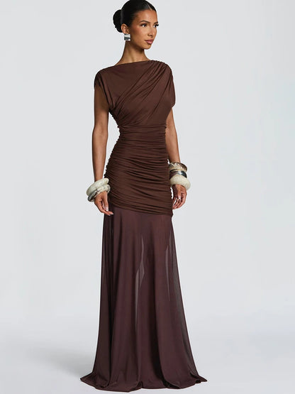 Sylue Long Dress Patchwork Ruched Mesh See-Through