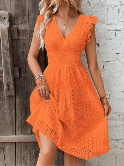 Sylue Long Dress Summer V-Neck Hollow Lace Casual
