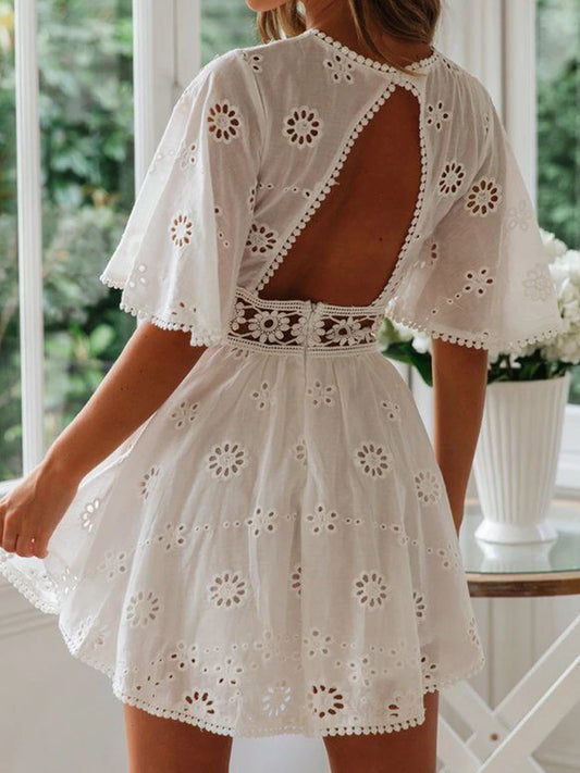 Sylue Short Dress White Backless Floral Embroidery Cotton