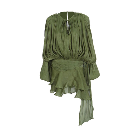 Sylue Short Dress Solid Patchwork Lace-Up V-Neck Mini