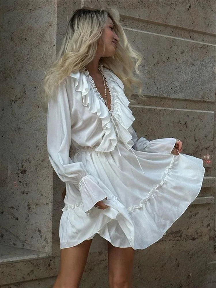 Sylue Long Dress Ruffled V-Neck White Elegant Lace-Up