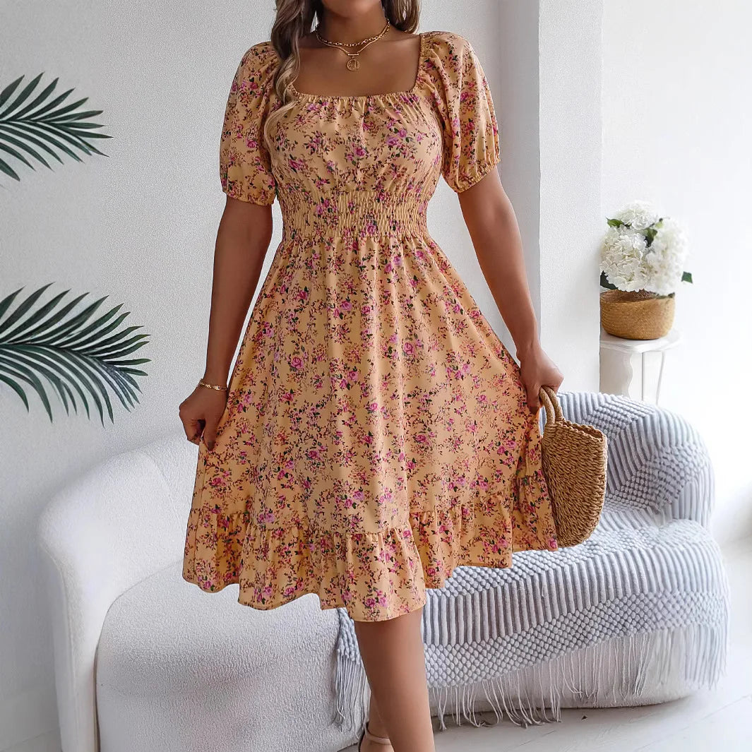 Sylue Short Dress Floral 3D Print Square Neck