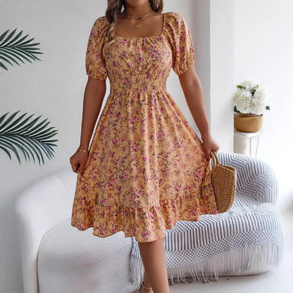 Sylue Short Dress Floral 3D Print Square Neck
