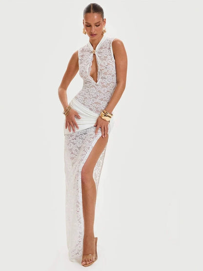 Sylue Long Dress Sexy Lace Hollow Out High Slit