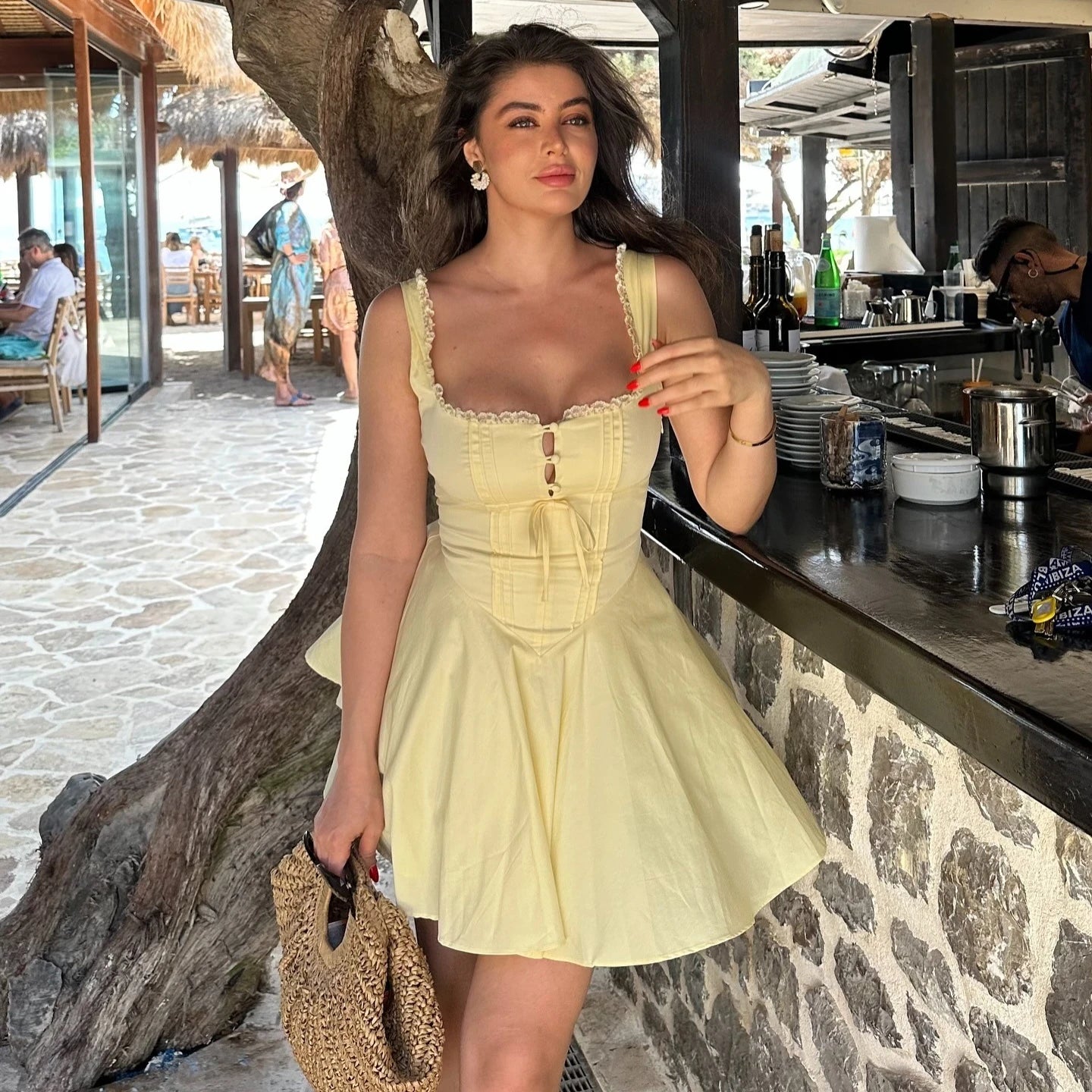 Sylue Short Dress Summer A-Line Yellow Lace-Up