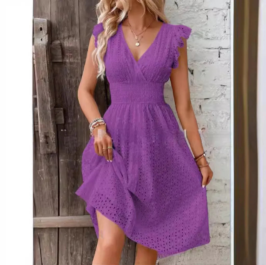 Sylue Long Dress Summer V-Neck Hollow Lace Casual
