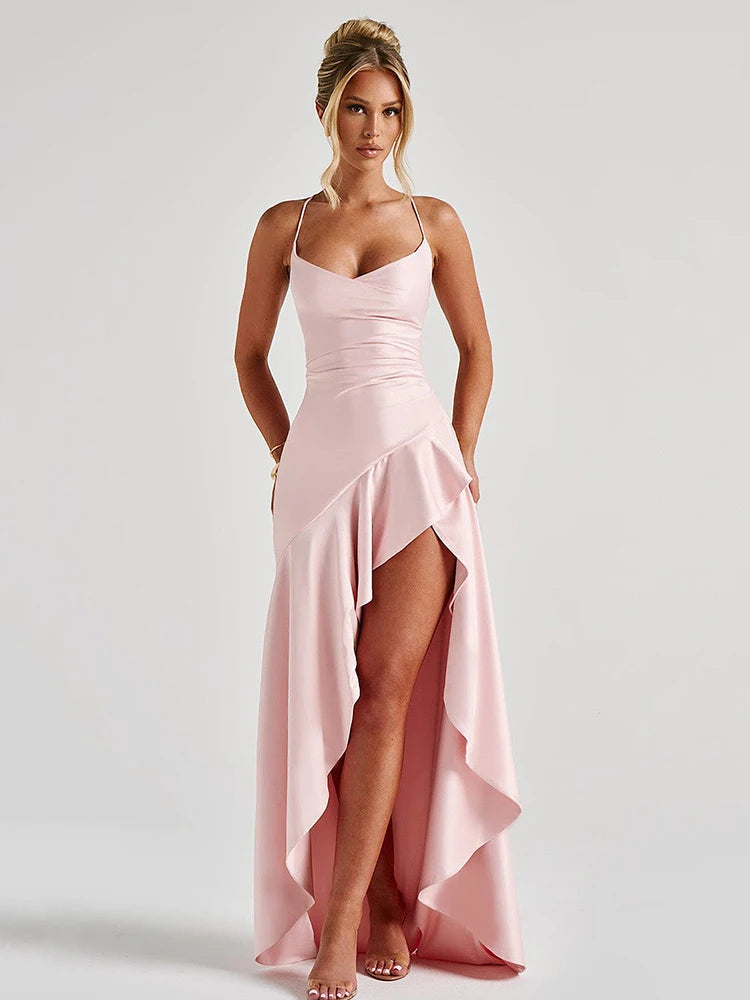 Sylue Long Dress Satin Spaghetti Strap Split Backless
