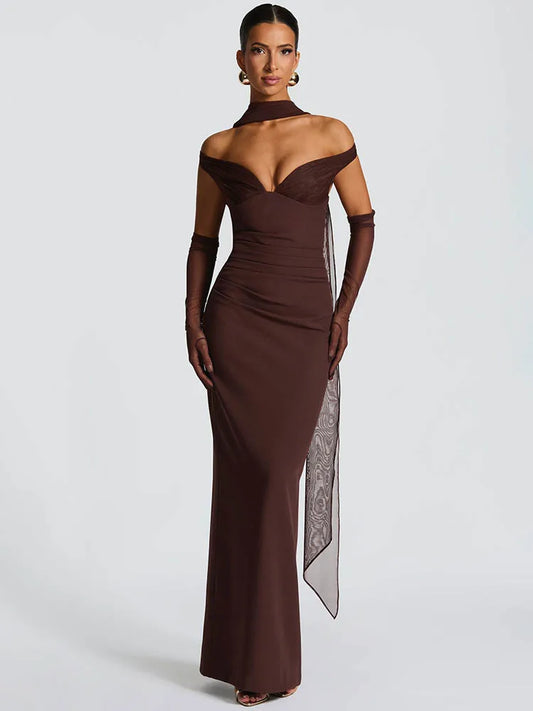 Sylue Long Dress Off-Shoulder Scarf Collar Backless