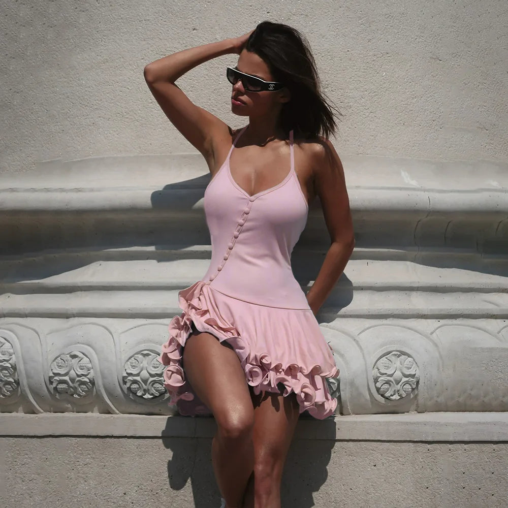 Sylue Short Dress A-Line Bodycon Ruffle Hem V-Neck