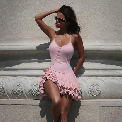 Sylue Short Dress A-Line Bodycon Ruffle Hem V-Neck