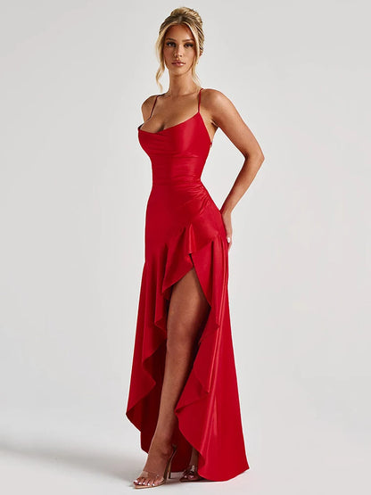 Sylue Long Dress Satin Spaghetti Strap Split Backless