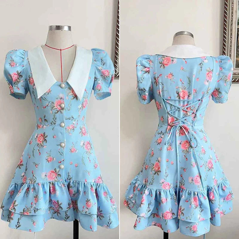Sylue Short Dress Puff Sleeves V-Neck Ruffled Mini