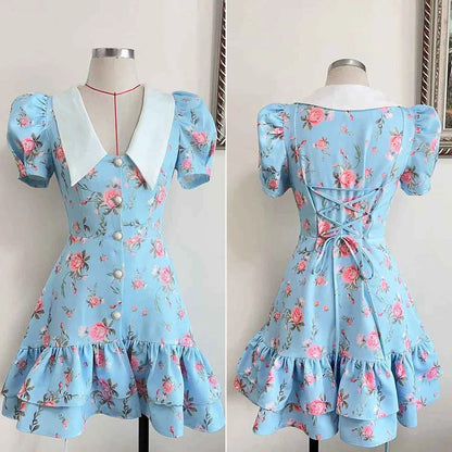 Sylue Short Dress Puff Sleeves V-Neck Ruffled Mini