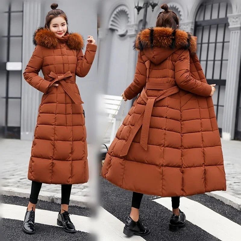 Bow Belt Fox Fur Collar Winter Coat
