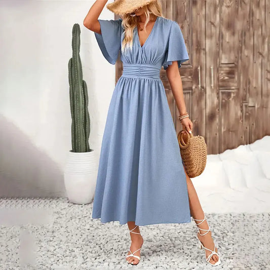 Sylue Long Dress Ruffle Pleated V-Neck Lace-Up