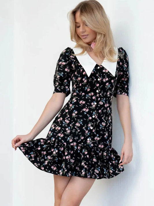 Sylue Short Dress Printed Lapel Patchwork Contrast Bodycon