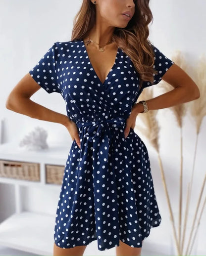 Sylue Short Dress Summer Polka Dot V-Neck Belt
