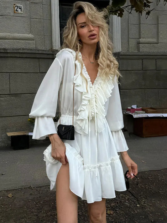 Sylue Long Dress Ruffled V-Neck White Elegant Lace-Up
