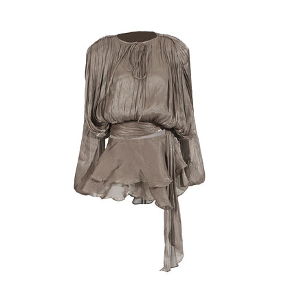 Sylue Short Dress Solid Patchwork Lace-Up V-Neck Mini