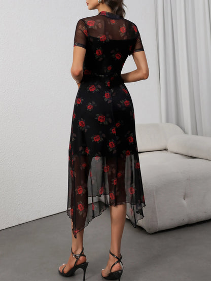 Sylue Short Dress Gothic Floral Mesh Patchwork Elegant