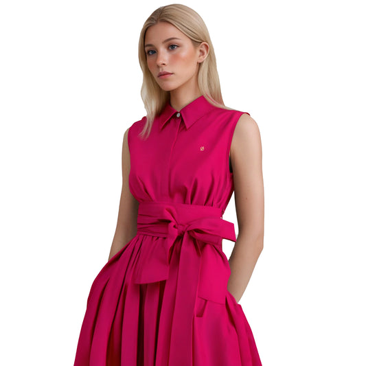 Sylue Long Dress Sleeveless Lapel A-Line Belted